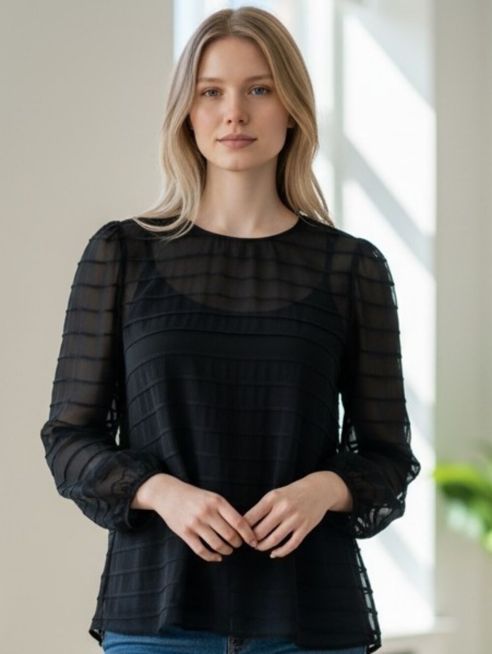 Talbots Silk Black Layered Stripe Long-Sleeve Blouse